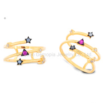925 Silver 14K 18K Gold Fashion Korea Style Ring with Star and Triangle Shape Color Stone Gift Jewelry